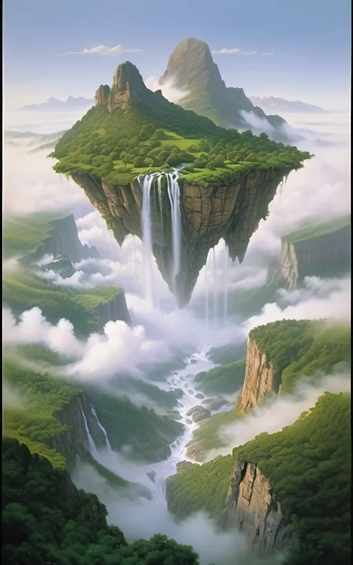 Prompt: in the style of Dalhart Windberg, Jean Baptiste, and Steve Hanks create a highly detailed and photorealistic painting of an otherworldly painting in of photorealistic realism of groups of floating mountains and verdant islands and some flat floating lands connected to each other by vines and tree roots, seemingly torn from a distant mountain range, create a surreal dreamscape that captivates the senses. These colossal formations, each with its own unique contours and character, cluster together in a harmonious dance of shapes and sizes, forming a mesmerizing tapestry against the backdrop of an endless sky. Upon these suspended landmasses, life flourishes in abundance. Trees of unimaginable size and diversity adorn the islands, their roots and vines intertwining in a delicate ballet that weaves through the air, connecting the floating wonders in a labyrinth of greenery. From the lofty peaks to the hidden recesses within the rocks, a myriad of flora and fauna thrives, painting the landscape with a kaleidoscope of colors and textures. As if drawn by an unseen hand, cascading waterfalls emerge from hidden springs nestled within the heart of the mountains, their crystalline streams carving sinuous paths down rugged slopes before dissolving into a fine mist that shrouds the landscape in an otherworldly veil. The air is alive with the soothing melody of rushing water and the gentle rustle of leaves, a symphony that echoes through the expanse, imbuing it with a sense of serene tranquility. Enveloping the floating marvels is a perpetual mist, its ethereal embrace adding an aura of mystery to the scene, obscuring distant vistas in a tantalizing haze. Below the suspended wonders lies a lush expanse of rolling hills and verdant valleys, their contours softened by a carpet of emerald foliage that stretches as far as the eye can see. Rocky bluffs rise majestically from the earth, their weathered faces bearing testament to the passage of time., cinematic, photo, poster