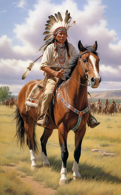 Prompt: create a realistic, hyper detailed, color pencil drawing, hyper detailed, UHD, HDR, 128K, In the heart of a picturesque landscape drawing in the style of Norman Rockwell, Steve Hanks, and Michael James Smith, dramatic natural lighting, portrait of a The Sioux Indian on a galloping horse counting coup is a traditional Native American ceremonial hunt that holds cultural significance among the Sioux people. In this dance, participants often wear elaborate traditional regalia, adorned with feathers, beads, and other symbolic elements.

Imagine a Sioux Indian dog dancer on a galloping horse, dressed in vibrant and meticulously crafted attire, consisting of fringed clothing, a headdress adorned with feathers, and intricate beadwork reflecting the cultural heritage of the Sioux tribe. The dancer moves with purpose and grace, embodying the spirit of the dog dance.