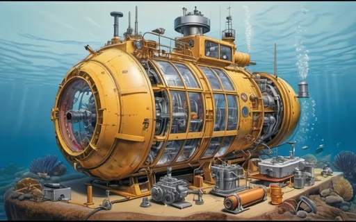 Prompt: create a realistic, hyper detailed, crisp focus, sharp focus, UHD, HDR, 128K, a hyper realistic, vibrant color technical illustration cutaway color pencil style drawing of small submersible disassembly parts exploded view disassembly, hyper detailed drawing, in the style of Norman Rockwell, Caravaggio, Steve Hanks, and Michael James Smith, using atmospheric perspective, with dramatic lighting, drawing of 
 . The drawing is predominantly adorned with rich vibrant colors, with a striking accent color, BD8B0E, adding an electrifying touch, 


a technical illustration cutaway drawing of a small submersible disassembly parts exploded view disassembly