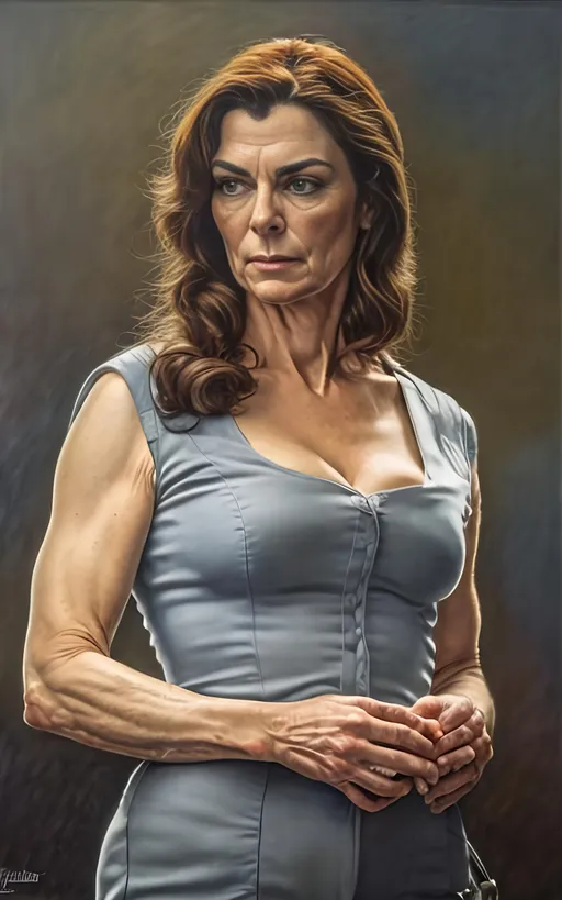 Prompt: create a highly detailed colored pencil drawing standing portrait on grey paper, in the style of Norman Rockwell, Tsutomu Nihei and Steve Hanks. Every detail is meticulously captured, in HDR (High Dynamic Range), UHD (Ultra High Definition), and 1080p. Michelle Forbes portrays Admiral Helena Cain in the drama tv movie "Battlestar Galactica." wearing a leather uniform. use all best practices in art and design to produce what would be recognized as a master work art piece. use accurate perspective and foreshortening. use atmospheric perspective. create expressive faces and use dramatic lighting. fur coat and fur hat. Michelle Forbes portrays Admiral Helena Cain: Pegasus's formidable commander, Cain, exudes steely authority in her perfectly tailored uniform. Her blonde hair, pulled back in a tight bun, and her cold blue eyes leave no room for doubt about her unwavering resolve. Her crisp attire, devoid of any personal touches, reflects her single-minded focus on military efficiency and victory at any cost. She's a force of nature, her presence demanding obedience and respect, even from the seasoned officers of Galactica., cinematic, illustration, poster, portrait photography