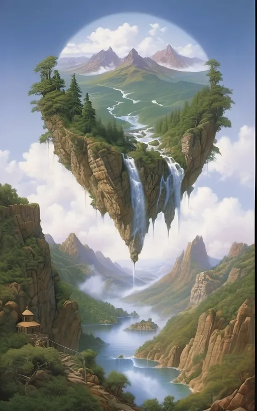 Prompt: in the style of Dalhart Windberg, Jean Baptiste, and Steve Hanks create a highly detailed and photorealistic painting of an otherworldly painting in of photorealistic realism of groups of floating mountains and verdant islands and some flat floating lands connected to each other by vines and tree roots, seemingly torn from a distant mountain range, create a surreal dreamscape that captivates the senses. These colossal formations, each with its own unique contours and character, cluster together in a harmonious dance of shapes and sizes, forming a mesmerizing tapestry against the backdrop of an endless sky. Upon these suspended landmasses, life flourishes in abundance. Trees of unimaginable size and diversity adorn the islands, their roots and vines intertwining in a delicate ballet that weaves through the air, connecting the floating wonders in a labyrinth of greenery. From the lofty peaks to the hidden recesses within the rocks, a myriad of flora and fauna thrives, painting the landscape with a kaleidoscope of colors and textures. As if drawn by an unseen hand, cascading waterfalls emerge from hidden springs nestled within the heart of the mountains, their crystalline streams carving sinuous paths down rugged slopes before dissolving into a fine mist that shrouds the landscape in an otherworldly veil. The air is alive with the soothing melody of rushing water and the gentle rustle of leaves, a symphony that echoes through the expanse, imbuing it with a sense of serene tranquility. Enveloping the floating marvels is a perpetual mist, its ethereal embrace adding an aura of mystery to the scene, obscuring distant vistas in a tantalizing haze. Below the suspended wonders lies a lush expanse of rolling hills and verdant valleys, their contours softened by a carpet of emerald foliage that stretches as far as the eye can see. Rocky bluffs rise majestically from the earth, their weathered faces bearing testament to the passage of time., cinematic, photo, poster