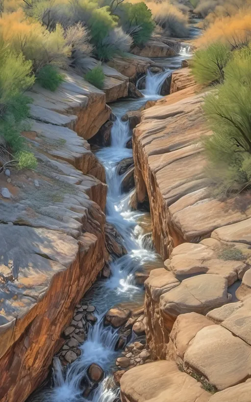 Prompt: highly detailed, UHD, HDR, 128K, color pencil, in the style of Norman Rockwell and Steve Hanks, with very fine grain style. a shallow and wide and rock gully with cracked stone and rock pebbles. A beautiful woman in white flowing robes stands on the edge of the rock ledge and the wind is blowing. There are ledges of rock overhanging over the edges of the gully and it is trimmed with mostly dry but an occasionally green brush, grass and tumble weed or other forest fauna including vines. in the middle of the gully there are falls of water still left from the last deluge that reflect the blue sky. a Texas Jackrabbit is brave enough to wander out to test the water. The rest of the scene is an serene scene with lush brush and grass. There is a blue sky with swirling cumulus clouds. There are low hills in the far distance that are faded and blue and some trees can be seen in the distance. There is ponding water that reflects the sky., 3d render, painting, photo, cinematic, poster