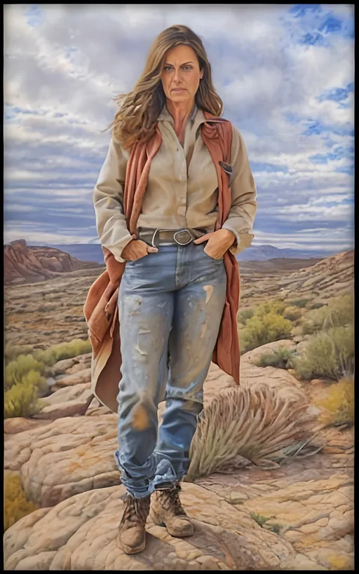 Prompt: create a hyper detailed painting, photo, illustration, UHD, HDR, 128K, colored pencil of a woman in grey robes standing on a boulder in an arid place portrait, ultra detailed, sharp focus, lightly muted color, atmospheric perspective, fade into the background, illustration, in the style of Norman Rockwell, and Steve Cloaked in a weathered leather jacket adorned with patches, an alluring woman wears practical cargo pants and sturdy hiking boots, signifying her connection to the wild. The surroundings showcase an expansive, panoramic view of untouched mountains, dense forests, and a pristine lake, capturing the essence of the wilderness in its raw beauty. Natural sunlight bathes the scene, casting warm and dynamic shadows on the woman's features. The sky is painted with the rich hues of a tranquil sunset, creating a breathtaking palette that mirrors the beauty of the outdoors. Her expression is one of quiet contemplation, a reflection of the peaceful solitude found in the heart of nature. Executed with an exceptional level of detail, the painting captures the intricacies of the woman's windblown hair, the texture of her well-worn jacket, and the nuanced play of light and shadow across the landscape