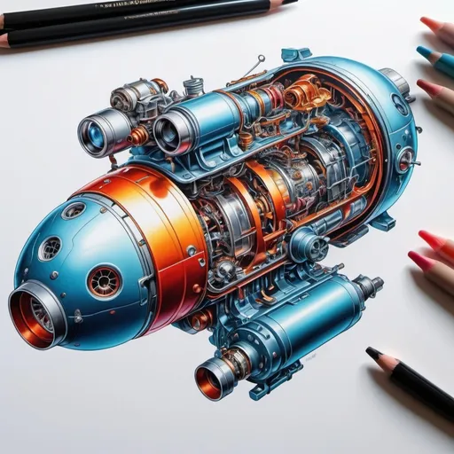 Prompt: create a realistic, hyper detailed, crisp focus, sharp focus, UHD, HDR, 128K, a hyper realistic, vibrant color color pencil technical illustration cutaway drawing, on white paper, of small submersible disassembly parts exploded view disassembly, hyper detailed drawing, in the style of Norman Rockwell, Caravaggio, Steve Hanks, and Michael James Smith, using atmospheric perspective, with dramatic lighting, drawing of 
 . The drawing is predominantly adorned with rich vibrant colors, with a striking accent color, BD8B0E, adding an electrifying touch, 


a technical illustration cutaway drawing of a small submersible disassembly parts exploded view disassembly