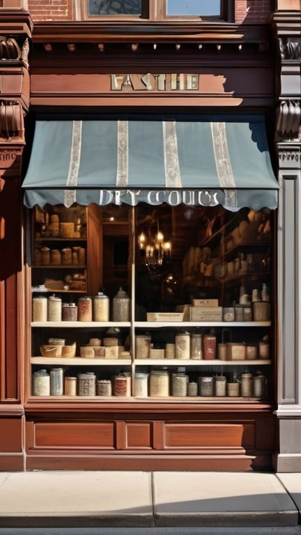 Prompt: create a highly detailed colored pencil drawing standing portrait on grey paper, in the style of Norman Rockwell, Tsutomu Nihei and Steve Hanks of a dry goods store façade. shown are wooden façade and wooden sidewalk, the door and front window with reflection of western dry goods store in 1880 zoomed into plate glass window with the words "Dry Goods" painted on window with reflection; view of the window and door front view portrait of the façade of a dry goods store. The 1880s dry goods store presents a nostalgic glimpse into the past, frozen in a frame of time. The weathered façade of the establishment, constructed from aged wood, bears the marks of countless seasons and stories. As you zoom in, your eyes are drawn to the front window, a portal to the world within. The window, adorned with the bold proclamation "Dry Goods" in a rustic western font, is a canvas that captures the essence of the era. Half of the glass surface is dappled with a glaring reflection, mirroring the surroundings of the bustling street. Buildings, clouds, and the expansive sky blend into a mosaic of distorted imagery, adding an atmospheric touch to the scene. On the unblemished half of the window, the interior of the store comes to life. A curated display of dry goods, neatly arranged on shelves, is visible to those passing by. Bolts of fabric, hats, and various items that cater to the needs of the townsfolk create a visual feast behind the clear glass.