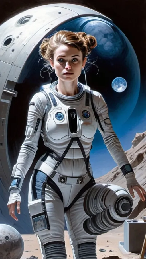 Prompt: Create a realistic, painting, and meticulously detailed, dramatic, realistic, hyperrealist, sfumato, vibrant, painterly painting of a woman in a biomechanical exosuit repairing a spacecraft in a cluttered hangar on an alien planet, with an alien skyline and twin moons visible through an open hangar door under an indigo sky.

OUTPUT2:
Create a realistic, impressionistic painting, and meticulously detailed, dramatic, realistic, sfumato, vibrant, painterly painting with sharp detail in the foreground, the artist expertly blends the styles of Norman Rockwell, Gustave Courbet, Steve Hanks, Moebius, Julie Bell, William Hagerman, Andrew Wyeth, Jen Christiansen, Popular Mechanics, and Frank Frazetta. Use Albert Bierstadt lighting and shadows. Use realistic and accurate scale, proportion, perspective, and foreshortening. The protagonist is the focal point of the image. The tonal range of the image is subdued, with a predominance of earthy, muted hues.  The lines, curves, and gradients create a harmonious, organic composition. There is a translucent outer glow around the protagonist. Mute the background and use atmospheric perspective for depth. Make sure the image is not busy or crowded.  Mute the background colors. Use strong natural lighting from one side and use a weak cool reflected light on the opposite side. Convert any protagonist into a contemporary style. Ensure the anatomy of the protagonist is accurate and to scale and the foreshortening and perspective is correct. The image should be lifelike and realistic. The folds of the fabric should look natural. Use atmospheric perspective, dramatic lighting, reflected light, cool colors in the shadows, and warm colors in the light. Use strong dramatic natural lighting from one side, cool colors in the background, and warm colors in the foreground. Use accurate anatomy, proportions, perspective, and foreshortening. Use Color Harmony and a Mother Color.