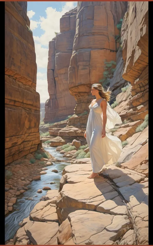 Prompt: highly detailed, UHD, HDR, 128K, color pencil, in the style of Norman Rockwell and Steve Hanks, with very fine grain style. a shallow and wide and rock gully with cracked stone and rock pebbles. A beautiful woman in white flowing robes stands on the edge of the rock ledge and the wind is blowing. There are ledges of rock overhanging over the edges of the gully and it is trimmed with mostly dry but an occasionally green brush, grass and tumble weed or other forest fauna including vines. in the middle of the gully there are falls of water still left from the last deluge that reflect the blue sky. a Texas Jackrabbit is brave enough to wander out to test the water. The rest of the scene is an serene scene with lush brush and grass. There is a blue sky with swirling cumulus clouds. There are low hills in the far distance that are faded and blue and some trees can be seen in the distance. There is ponding water that reflects the sky., 3d render, painting, photo, cinematic, poster