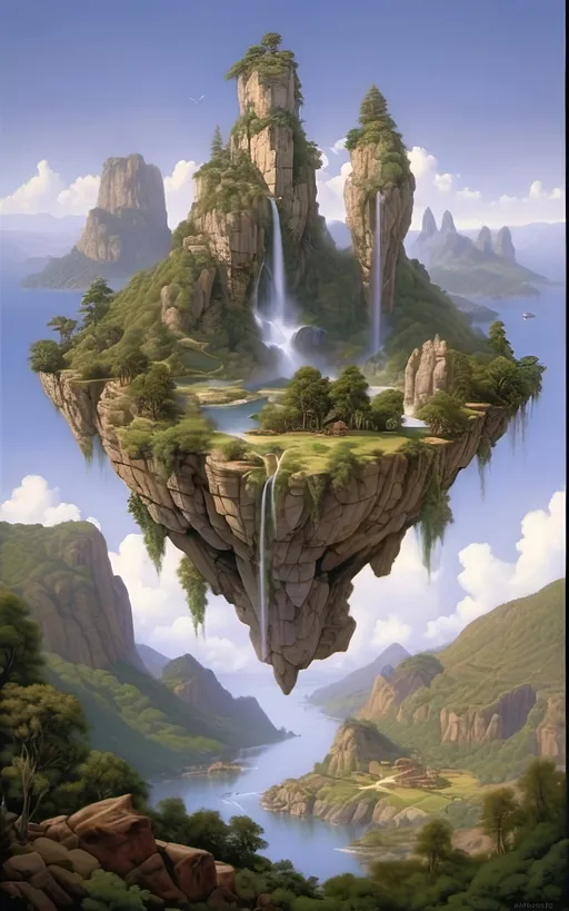 Prompt: in the style of Dalhart Windberg, Jean Baptiste, and Steve Hanks create a highly detailed and photorealistic painting of an otherworldly painting in of photorealistic realism of groups of floating mountains and verdant islands and some flat floating lands connected to each other by vines and tree roots, seemingly torn from a distant mountain range, create a surreal dreamscape that captivates the senses. These colossal formations, each with its own unique contours and character, cluster together in a harmonious dance of shapes and sizes, forming a mesmerizing tapestry against the backdrop of an endless sky. Upon these suspended landmasses, life flourishes in abundance. Trees of unimaginable size and diversity adorn the islands, their roots and vines intertwining in a delicate ballet that weaves through the air, connecting the floating wonders in a labyrinth of greenery. From the lofty peaks to the hidden recesses within the rocks, a myriad of flora and fauna thrives, painting the landscape with a kaleidoscope of colors and textures. As if drawn by an unseen hand, cascading waterfalls emerge from hidden springs nestled within the heart of the mountains, their crystalline streams carving sinuous paths down rugged slopes before dissolving into a fine mist that shrouds the landscape in an otherworldly veil. The air is alive with the soothing melody of rushing water and the gentle rustle of leaves, a symphony that echoes through the expanse, imbuing it with a sense of serene tranquility. Enveloping the floating marvels is a perpetual mist, its ethereal embrace adding an aura of mystery to the scene, obscuring distant vistas in a tantalizing haze. Below the suspended wonders lies a lush expanse of rolling hills and verdant valleys, their contours softened by a carpet of emerald foliage that stretches as far as the eye can see. Rocky bluffs rise majestically from the earth, their weathered faces bearing testament to the passage of time., cinematic, photo, poster
