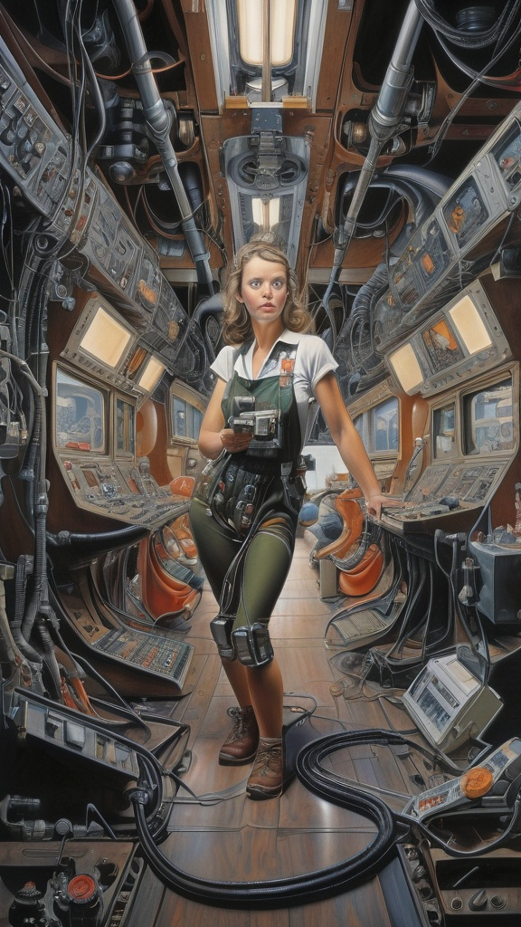 Prompt: In this awe-inspiring, meticulously detailed hyperrealist painting by Tomelee, the artist masterfully blends the styles of Norman Rockwell, Gustave Courbet, Steve Hanks, Moebius, Boris Vallejo, Jen Christiansen, N.C. Wyeth, and Frank Frazetta. The painting depicts a powerful female technician, seamlessly fusing human form and futuristic technology, within the confined spaces of an industrial space station control room. The cramped workshop is filled with tangled machinery, glowing screens, cables snaking across the floor, and numerous control panels. The room is illuminated by a blinding overhead light, casting sharp highlights and long shadows that emphasize the gritty, worn nature of the space and its occupant. The woman stands at the heart of the scene, her form commanding and powerful. Clad in