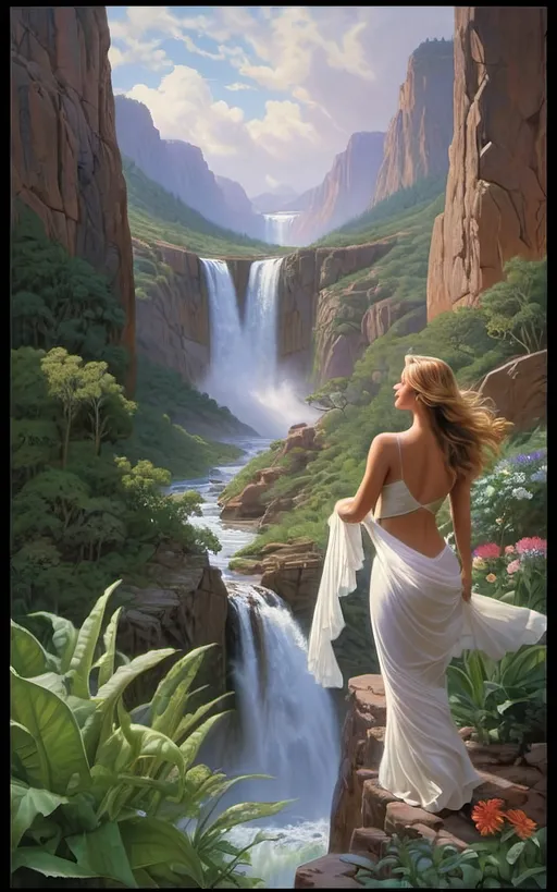 Prompt: in the style of Dalhart Windberg, Jean Baptiste, and Steve Hanks create a highly detailed painting of an otherworldly rainy landscape with green plants and cascading waterfalls. winged women are visible flying around above the water, an awe-inspiring masterpiece revealing a multifaceted tapestry that seamlessly fuses the fantastical and the futuristic. The canvas, an expansive testament to artistic virtuosity, stretches far beyond the viewer's grasp, capturing the infinite wonders of a distant celestial realm. The sky, a captivating celestial dome, pulses with dynamic gradients of color, transitioning from the deepest purples to shimmering iridescent blues, creating an atmospheric kaleidoscope that defies earthly expectations. As the eye delves into the intricacies of this lush alien world, the landscape reveals itself in layers of profound complexity. Atmospheric perspective, a skillful technique employed with precision, imparts a sense of vastness by gently shrouding distant formations in a subtle haze, conjuring an enigmatic allure that beckons exploration. In the foreground, an explosion of vibrant hues unveils an array of alien flora and fauna, each intricately detailed petal and tendril pulsating with an otherworldly energy. The meticulous application of color, reminiscent of the finest brushstrokes, grants life to this vibrant ecosystem, where every shade and tone harmonizes in a mesmerizing dance of color. The orchestration of the golden rectangle theory masterfully guides the arrangement of these vivid elements, weaving a visual symphony that invites the viewer on a journey through the composition. Dramatic lighting, reminiscent of celestial phenomena, bathes the scene in a dynamic radiance. Long shadows stretch across the jagged peaks and valleys, enhancing the three-dimensional quality of the landscape and infusing the environment with a sense of dynamism. The interplay between positive and negative space is an intricate ballet, where empty expanses seamlessly guide the viewer's gaze through the scene.