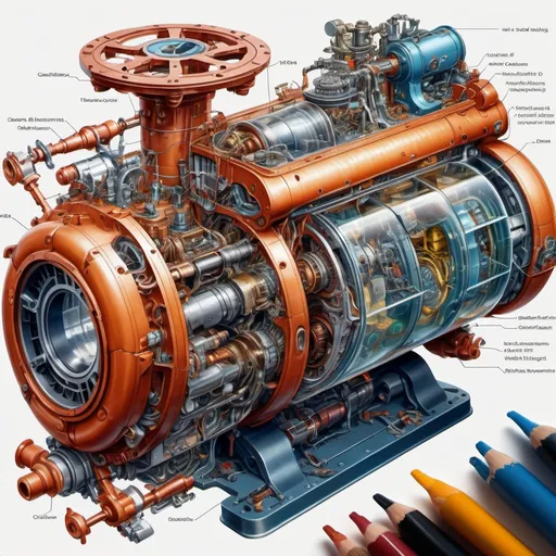 Prompt: create a realistic, hyper detailed, crisp focus, sharp focus, UHD, HDR, 128K, a hyper realistic, vibrant color color pencil technical illustration cutaway drawing of small submersible disassembly parts exploded view disassembly, hyper detailed drawing, in the style of Norman Rockwell, Caravaggio, Steve Hanks, and Michael James Smith, using atmospheric perspective, with dramatic lighting, drawing of 
 . The drawing is predominantly adorned with rich vibrant colors, with a striking accent color, BD8B0E, adding an electrifying touch, 


a technical illustration cutaway drawing of a small submersible disassembly parts exploded view disassembly