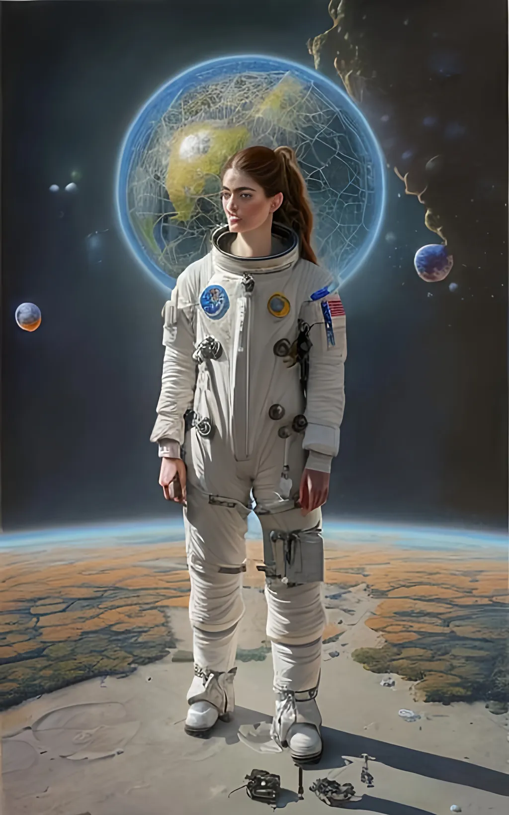 Prompt: create a highly detailed colored pencil drawing standing portrait on grey paper, in the style of Norman Rockwell, Tsutomu Nihei and Steve Hanks of a mesmerizingly ethereal portrait of Janet Montgomery plays Sarah Elliot, wearing a astronaut's jumpsuit, in the tv show "The Space Between Us". She is wearing her wardrobe from the show and she appears the age she was in the show. Every detail is meticulously captured, in HDR (High Dynamic Range), UHD (Ultra High Definition), and 1080p. use sharp contrast and dramatic lighting. use best practices in art and design to create what would be considered an artistic masterwork. 

Janet Montgomery plays Sarah Elliot, Gardner's mother, and her character is central to the emotional core of the series. Sarah's physical appearance is depicted with a mix of warmth and vulnerability, and her wardrobe reflects a balance between casual comfort and maternal elegance. Montgomery's costumes showcase Sarah's connection to both Mars and Earth, providing insight into her emotional journey as a mother separated from her son. As the series progresses, Sarah's costumes evolve to symbolize her resilience and unwavering love for Gardner.

 
 make the best use of positive and negative space. Sharp focus and rich color. leather futuristic uniform. use all best practices in art and design to produce what would be recognized as a master work art piece. use accurate perspective and foreshortening. use atmospheric perspective. create expressive faces and use dramatic lighting.