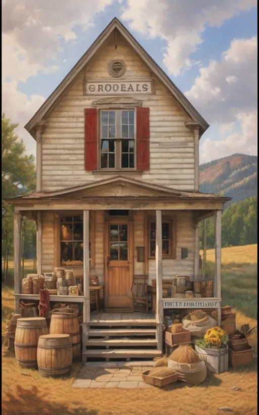 Prompt: create a realistic, hyper detailed, color pencil drawing, hyper detailed, UHD, HDR, 128K, In the heart of a picturesque landscape drawing in the style of Norman Rockwell, Steve Hanks, and Michael James Smith, dramatic natural lighting, façade door and front window with reflection of western dry goods store in 1880 zoomed into window with "Dry Goods" painted on window with reflection; view of the window and door front view portrait of the façade of a dry goods store. The 1880s dry goods store presents a nostalgic glimpse into the past, frozen in a frame of time. The weathered façade of the establishment, constructed from aged wood, bears the marks of countless seasons and stories. As you zoom in, your eyes are drawn to the front window, a portal to the world within. The window, adorned with the bold proclamation "Dry Goods" in a rustic western font, is a canvas that captures the essence of the era. Half of the glass surface is dappled with a glaring reflection, mirroring the surroundings of the bustling street. Buildings, clouds, and the expansive sky blend into a mosaic of distorted imagery, adding an atmospheric touch to the scene. On the unblemished half of the window, the interior of the store comes to life. A curated display of dry goods, neatly arranged on shelves, is visible to those passing by. Bolts of fabric, hats, and various items that cater to the needs of the townsfolk create a visual feast behind the clear glass.