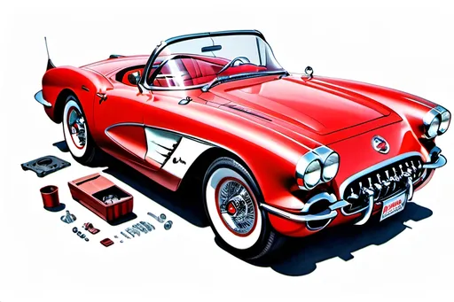 Prompt: use best practices of art and design to create a realistic, negative space, center focus, hyper detailed, crisp focus, sharp focus, UHD, HDR, 128K, a hyper realistic, vibrant color color pencil technical illustration cutaway drawing, on white paper, of an isometric cherry red 1957 corvette convertible  disassembly parts exploded view disassembly, hyper detailed drawing, in the style of Norman Rockwell, Caravaggio, Steve Hanks, and Michael James Smith, using atmospheric perspective, with dramatic lighting, drawing of 
 . The drawing is predominantly adorned with rich vibrant colors, with a striking accent color, BD8B0E, adding an electrifying touch.  add negative space around object. white space. color pencil drawing


a technical illustration cutaway drawing of a cherry red 1957 corvette convertible disassembly parts exploded view disassembly