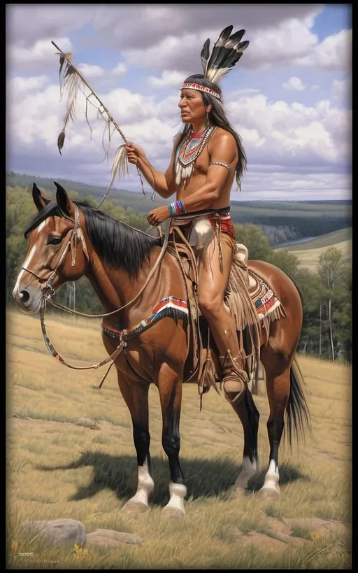 Prompt: create a realistic, hyper detailed, color pencil drawing, hyper detailed, UHD, HDR, 128K, In the heart of a picturesque landscape drawing in the style of Norman Rockwell, Steve Hanks, and Michael James Smith, dramatic natural lighting, portrait of a The Sioux Indian on a galloping horse counting coup is a traditional Native American ceremonial hunt that holds cultural significance among the Sioux people. In this dance, participants often wear elaborate traditional regalia, adorned with feathers, beads, and other symbolic elements.

Imagine a Sioux Indian dog dancer on a galloping horse, dressed in vibrant and meticulously crafted attire, consisting of fringed clothing, a headdress adorned with feathers, and intricate beadwork reflecting the cultural heritage of the Sioux tribe. The dancer moves with purpose and grace, embodying the spirit of the dog dance.