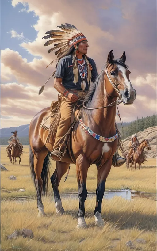 Prompt: create a realistic, hyper detailed, color pencil drawing, hyper detailed, UHD, HDR, 128K, In the heart of a picturesque landscape drawing in the style of Norman Rockwell, Steve Hanks, and Michael James Smith, dramatic natural lighting, portrait of a The Sioux Indian on a galloping horse counting coup is a traditional Native American ceremonial hunt that holds cultural significance among the Sioux people. In this dance, participants often wear elaborate traditional regalia, adorned with feathers, beads, and other symbolic elements.

Imagine a Sioux Indian dog dancer on a galloping horse, dressed in vibrant and meticulously crafted attire, consisting of fringed clothing, a headdress adorned with feathers, and intricate beadwork reflecting the cultural heritage of the Sioux tribe. The dancer moves with purpose and grace, embodying the spirit of the dog dance.