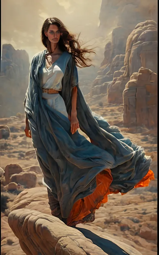 Prompt: create a hyper detailed painting, photo, illustration, UHD, HDR, 128K, colored pencil of a woman in grey robes standing on a boulder in an arid place portrait, ultra detailed, sharp focus, lightly muted color, atmospheric perspective, fade into the background, illustration, in the style of Norman Rockwell, and Steve Cloaked in a weathered leather jacket adorned with patches, an alluring woman wears practical cargo pants and sturdy hiking boots, signifying her connection to the wild. The surroundings showcase an expansive, panoramic view of untouched mountains, dense forests, and a pristine lake, capturing the essence of the wilderness in its raw beauty. Natural sunlight bathes the scene, casting warm and dynamic shadows on the woman's features. The sky is painted with the rich hues of a tranquil sunset, creating a breathtaking palette that mirrors the beauty of the outdoors. Her expression is one of quiet contemplation, a reflection of the peaceful solitude found in the heart of nature. Executed with an exceptional level of detail, the painting captures the intricacies of the woman's windblown hair, the texture of her well-worn jacket, and the nuanced play of light and shadow across the landscape