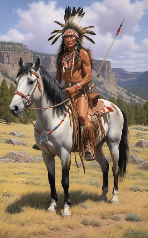 Prompt: create a realistic, hyper detailed, color pencil drawing, hyper detailed, UHD, HDR, 128K, In the heart of a picturesque landscape drawing in the style of Norman Rockwell, Steve Hanks, and Michael James Smith, dramatic natural lighting, portrait of a The Sioux Indian on a galloping horse counting coup is a traditional Native American ceremonial hunt that holds cultural significance among the Sioux people. In this dance, participants often wear elaborate traditional regalia, adorned with feathers, beads, and other symbolic elements.

Imagine a Sioux Indian dog dancer on a galloping horse, dressed in vibrant and meticulously crafted attire, consisting of fringed clothing, a headdress adorned with feathers, and intricate beadwork reflecting the cultural heritage of the Sioux tribe. The dancer moves with purpose and grace, embodying the spirit of the dog dance.