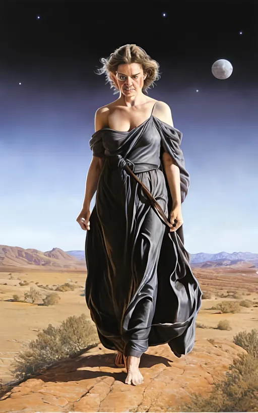 Prompt: create a hyper detailed painting, photo, illustration, UHD, HDR, 128K, colored pencil of a woman in grey robes standing on a boulder in an arid place portrait, ultra detailed, sharp focus, lightly muted color, atmospheric perspective, fade into the background, illustration, in the style of Norman Rockwell, and Steve Cloaked in a weathered leather jacket adorned with patches, an alluring woman wears practical cargo pants and sturdy hiking boots, signifying her connection to the wild. The surroundings showcase an expansive, panoramic view of untouched mountains, dense forests, and a pristine lake, capturing the essence of the wilderness in its raw beauty. Natural sunlight bathes the scene, casting warm and dynamic shadows on the woman's features. The sky is painted with the rich hues of a tranquil sunset, creating a breathtaking palette that mirrors the beauty of the outdoors. Her expression is one of quiet contemplation, a reflection of the peaceful solitude found in the heart of nature. Executed with an exceptional level of detail, the painting captures the intricacies of the woman's windblown hair, the texture of her well-worn jacket, and the nuanced play of light and shadow across the landscape