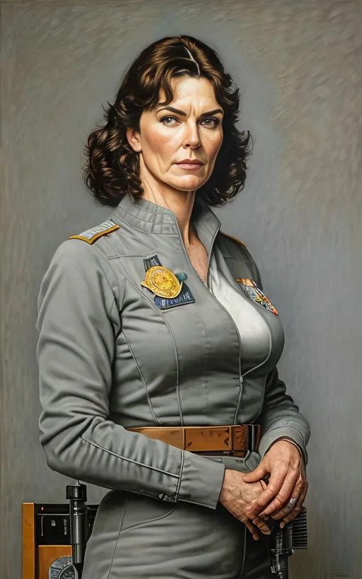 Prompt: create a highly detailed colored pencil drawing standing portrait on grey paper, in the style of Norman Rockwell, Tsutomu Nihei and Steve Hanks. Every detail is meticulously captured, in HDR (High Dynamic Range), UHD (Ultra High Definition), and 1080p. Michelle Forbes portrays Admiral Helena Cain in the drama tv movie "Battlestar Galactica." wearing a leather uniform. use all best practices in art and design to produce what would be recognized as a master work art piece. use accurate perspective and foreshortening. use atmospheric perspective. create expressive faces and use dramatic lighting. fur coat and fur hat. Michelle Forbes portrays Admiral Helena Cain: Pegasus's formidable commander, Cain, exudes steely authority in her perfectly tailored uniform. Her blonde hair, pulled back in a tight bun, and her cold blue eyes leave no room for doubt about her unwavering resolve. Her crisp attire, devoid of any personal touches, reflects her single-minded focus on military efficiency and victory at any cost. She's a force of nature, her presence demanding obedience and respect, even from the seasoned officers of Galactica., cinematic, illustration, poster, portrait photography