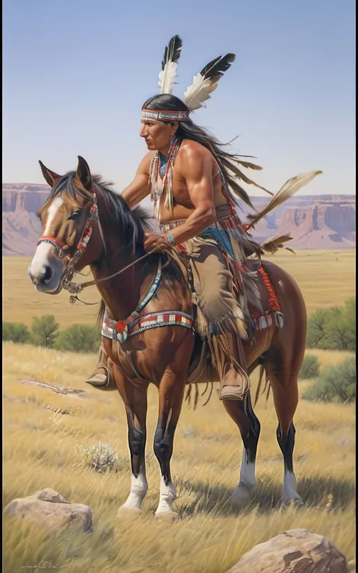 Prompt: create a realistic, hyper detailed, color pencil drawing, hyper detailed, UHD, HDR, 128K, In the heart of a picturesque landscape drawing in the style of Norman Rockwell, Steve Hanks, and Michael James Smith, dramatic natural lighting, portrait of a The Sioux Indian on a galloping horse counting coup is a traditional Native American ceremonial hunt that holds cultural significance among the Sioux people. In this dance, participants often wear elaborate traditional regalia, adorned with feathers, beads, and other symbolic elements.

Imagine a Sioux Indian dog dancer on a galloping horse, dressed in vibrant and meticulously crafted attire, consisting of fringed clothing, a headdress adorned with feathers, and intricate beadwork reflecting the cultural heritage of the Sioux tribe. The dancer moves with purpose and grace, embodying the spirit of the dog dance.