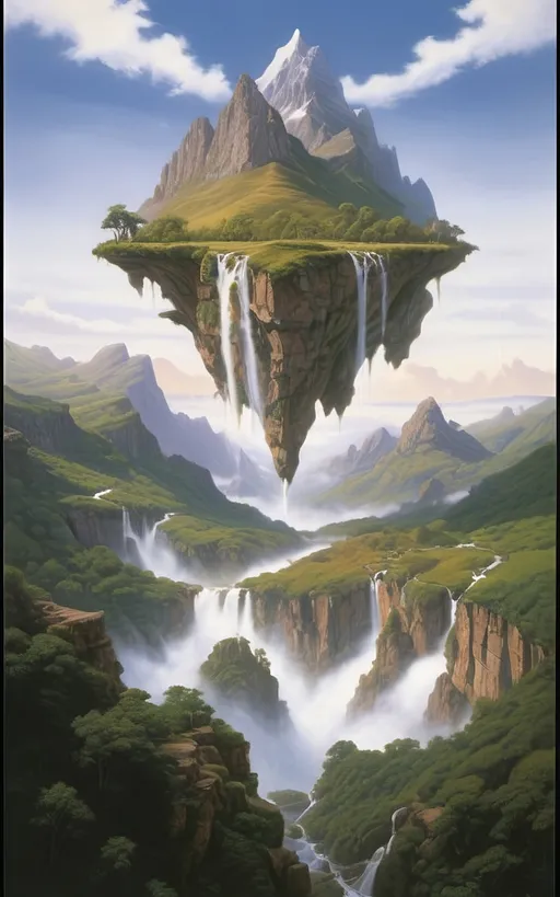 Prompt: in the style of Dalhart Windberg, Jean Baptiste, and Steve Hanks create a highly detailed and photorealistic painting of an otherworldly painting in of photorealistic realism of groups of floating mountains and verdant islands and some flat floating lands connected to each other by vines and tree roots, seemingly torn from a distant mountain range, create a surreal dreamscape that captivates the senses. These colossal formations, each with its own unique contours and character, cluster together in a harmonious dance of shapes and sizes, forming a mesmerizing tapestry against the backdrop of an endless sky. Upon these suspended landmasses, life flourishes in abundance. Trees of unimaginable size and diversity adorn the islands, their roots and vines intertwining in a delicate ballet that weaves through the air, connecting the floating wonders in a labyrinth of greenery. From the lofty peaks to the hidden recesses within the rocks, a myriad of flora and fauna thrives, painting the landscape with a kaleidoscope of colors and textures. As if drawn by an unseen hand, cascading waterfalls emerge from hidden springs nestled within the heart of the mountains, their crystalline streams carving sinuous paths down rugged slopes before dissolving into a fine mist that shrouds the landscape in an otherworldly veil. The air is alive with the soothing melody of rushing water and the gentle rustle of leaves, a symphony that echoes through the expanse, imbuing it with a sense of serene tranquility. Enveloping the floating marvels is a perpetual mist, its ethereal embrace adding an aura of mystery to the scene, obscuring distant vistas in a tantalizing haze. Below the suspended wonders lies a lush expanse of rolling hills and verdant valleys, their contours softened by a carpet of emerald foliage that stretches as far as the eye can see. Rocky bluffs rise majestically from the earth, their weathered faces bearing testament to the passage of time., cinematic, photo, poster