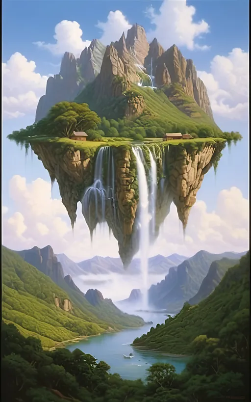 Prompt: in the style of Dalhart Windberg, Jean Baptiste, and Steve Hanks create a highly detailed and photorealistic painting of an otherworldly painting in of photorealistic realism of groups of floating mountains and verdant islands and some flat floating lands connected to each other by vines and tree roots, seemingly torn from a distant mountain range, create a surreal dreamscape that captivates the senses. These colossal formations, each with its own unique contours and character, cluster together in a harmonious dance of shapes and sizes, forming a mesmerizing tapestry against the backdrop of an endless sky. Upon these suspended landmasses, life flourishes in abundance. Trees of unimaginable size and diversity adorn the islands, their roots and vines intertwining in a delicate ballet that weaves through the air, connecting the floating wonders in a labyrinth of greenery. From the lofty peaks to the hidden recesses within the rocks, a myriad of flora and fauna thrives, painting the landscape with a kaleidoscope of colors and textures. As if drawn by an unseen hand, cascading waterfalls emerge from hidden springs nestled within the heart of the mountains, their crystalline streams carving sinuous paths down rugged slopes before dissolving into a fine mist that shrouds the landscape in an otherworldly veil. The air is alive with the soothing melody of rushing water and the gentle rustle of leaves, a symphony that echoes through the expanse, imbuing it with a sense of serene tranquility. Enveloping the floating marvels is a perpetual mist, its ethereal embrace adding an aura of mystery to the scene, obscuring distant vistas in a tantalizing haze. Below the suspended wonders lies a lush expanse of rolling hills and verdant valleys, their contours softened by a carpet of emerald foliage that stretches as far as the eye can see. Rocky bluffs rise majestically from the earth, their weathered faces bearing testament to the passage of time., cinematic, photo, poster