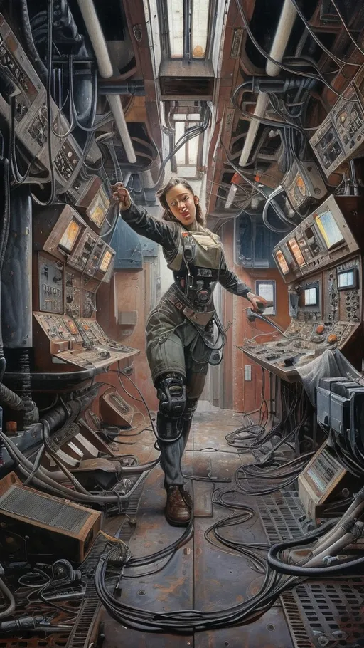 Prompt: In this awe-inspiring, meticulously detailed hyperrealist painting by Tomelee, the artist masterfully blends the styles of Norman Rockwell, Gustave Courbet, Steve Hanks, Moebius, Boris Vallejo, Jen Christiansen, N.C. Wyeth, and Frank Frazetta. The painting depicts a powerful female technician, seamlessly fusing human form and futuristic technology, within the confined spaces of an industrial space station control room. The cramped workshop is filled with tangled machinery, glowing screens, cables snaking across the floor, and numerous control panels. The room is illuminated by a blinding overhead light, casting sharp highlights and long shadows that emphasize the gritty, worn nature of the space and its occupant. The woman stands at the heart of the scene, her form commanding and powerful. Clad in