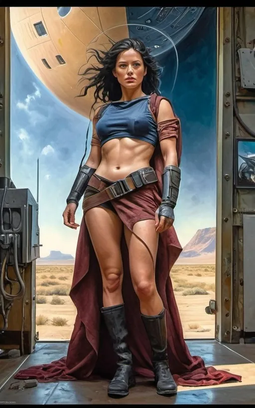 Prompt: Create a realistic, painterly textured painting, and meticulously detailed, dramatic, realistic, hyperrealist, sfumato, vibrant, painterly painting of a woman in a biomechanical exosuit repairing a spacecraft in a cluttered hangar on an alien planet, with an alien skyline and twin moons visible through an open hangar door under an indigo sky.

OUTPUT2:
Create a realistic, impressionistic painting, and meticulously detailed, dramatic, realistic, sfumato, vibrant, painterly painting with sharp detail in the foreground, the artist expertly blends the styles of Norman Rockwell, Gustave Courbet, Steve Hanks, Moebius, Julie Bell, William Hagerman, Andrew Wyeth, Jen Christiansen, Popular Mechanics, and Frank Frazetta. Use Albert Bierstadt lighting and shadows. Use realistic and accurate scale, proportion, perspective, and foreshortening. The protagonist is the focal point of the image. The tonal range of the image is subdued, with a predominance of earthy, muted hues.  The lines, curves, and gradients create a harmonious, organic composition. There is a translucent outer glow around the protagonist. Mute the background and use atmospheric perspective for depth. Make sure the image is not busy or crowded.  Mute the background colors. Use strong natural lighting from one side and use a weak cool reflected light on the opposite side. Convert any protagonist into a contemporary style. Ensure the anatomy of the protagonist is accurate and to scale and the foreshortening and perspective is correct. The image should be lifelike and realistic. The folds of the fabric should look natural. Use atmospheric perspective, dramatic lighting, reflected light, cool colors in the shadows, and warm colors in the light. Use strong dramatic natural lighting from one side, cool colors in the background, and warm colors in the foreground. Use accurate anatomy, proportions, perspective, and foreshortening. Use Color Harmony and a Mother Color.