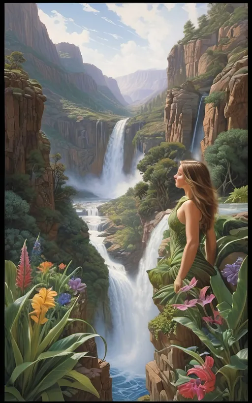 Prompt: in the style of Dalhart Windberg, Jean Baptiste, and Steve Hanks create a highly detailed painting of an otherworldly rainy landscape with green plants and cascading waterfalls. winged women are visible flying around above the water, an awe-inspiring masterpiece revealing a multifaceted tapestry that seamlessly fuses the fantastical and the futuristic. The canvas, an expansive testament to artistic virtuosity, stretches far beyond the viewer's grasp, capturing the infinite wonders of a distant celestial realm. The sky, a captivating celestial dome, pulses with dynamic gradients of color, transitioning from the deepest purples to shimmering iridescent blues, creating an atmospheric kaleidoscope that defies earthly expectations. As the eye delves into the intricacies of this lush alien world, the landscape reveals itself in layers of profound complexity. Atmospheric perspective, a skillful technique employed with precision, imparts a sense of vastness by gently shrouding distant formations in a subtle haze, conjuring an enigmatic allure that beckons exploration. In the foreground, an explosion of vibrant hues unveils an array of alien flora and fauna, each intricately detailed petal and tendril pulsating with an otherworldly energy. The meticulous application of color, reminiscent of the finest brushstrokes, grants life to this vibrant ecosystem, where every shade and tone harmonizes in a mesmerizing dance of color. The orchestration of the golden rectangle theory masterfully guides the arrangement of these vivid elements, weaving a visual symphony that invites the viewer on a journey through the composition. Dramatic lighting, reminiscent of celestial phenomena, bathes the scene in a dynamic radiance. Long shadows stretch across the jagged peaks and valleys, enhancing the three-dimensional quality of the landscape and infusing the environment with a sense of dynamism. The interplay between positive and negative space is an intricate ballet, where empty expanses seamlessly guide the viewer's gaze through the scene.