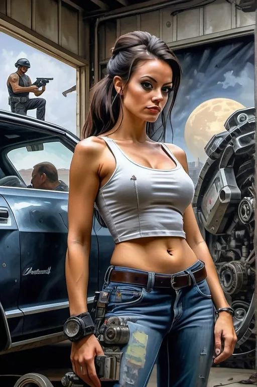 Prompt: Create a realistic, painting, and meticulously detailed, dramatic, realistic, hyperrealist, sfumato, vibrant, painterly painting of a woman in a biomechanical exosuit repairing a spacecraft in a cluttered hangar on an alien planet, with an alien skyline and twin moons visible through an open hangar door under an indigo sky.

OUTPUT2:
Create a realistic, impressionistic painting, and meticulously detailed, dramatic, realistic, sfumato, vibrant, painterly painting with sharp detail in the foreground, the artist expertly blends the styles of Norman Rockwell, Gustave Courbet, Steve Hanks, Moebius, Julie Bell, William Hagerman, Andrew Wyeth, Jen Christiansen, Popular Mechanics, and Frank Frazetta. Use Albert Bierstadt lighting and shadows. Use realistic and accurate scale, proportion, perspective, and foreshortening. The protagonist is the focal point of the image. The tonal range of the image is subdued, with a predominance of earthy, muted hues.  The lines, curves, and gradients create a harmonious, organic composition. There is a translucent outer glow around the protagonist. Mute the background and use atmospheric perspective for depth. Make sure the image is not busy or crowded.  Mute the background colors. Use strong natural lighting from one side and use a weak cool reflected light on the opposite side. Convert any protagonist into a contemporary style. Ensure the anatomy of the protagonist is accurate and to scale and the foreshortening and perspective is correct. The image should be lifelike and realistic. The folds of the fabric should look natural. Use atmospheric perspective, dramatic lighting, reflected light, cool colors in the shadows, and warm colors in the light. Use strong dramatic natural lighting from one side, cool colors in the background, and warm colors in the foreground. Use accurate anatomy, proportions, perspective, and foreshortening. Use Color Harmony and a Mother Color.