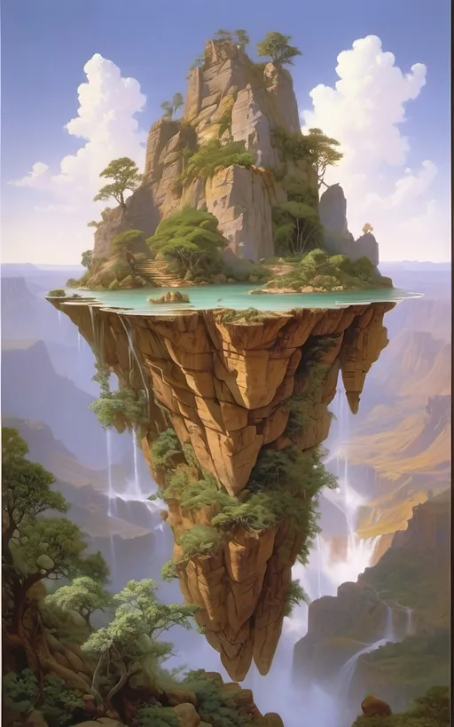 Prompt: in the style of Dalhart Windberg, Jean Baptiste, and Steve Hanks create a highly detailed and photorealistic painting of an otherworldly painting in of photorealistic realism of groups of floating mountains and verdant islands and some flat floating lands connected to each other by vines and tree roots, seemingly torn from a distant mountain range, create a surreal dreamscape that captivates the senses. These colossal formations, each with its own unique contours and character, cluster together in a harmonious dance of shapes and sizes, forming a mesmerizing tapestry against the backdrop of an endless sky. Upon these suspended landmasses, life flourishes in abundance. Trees of unimaginable size and diversity adorn the islands, their roots and vines intertwining in a delicate ballet that weaves through the air, connecting the floating wonders in a labyrinth of greenery. From the lofty peaks to the hidden recesses within the rocks, a myriad of flora and fauna thrives, painting the landscape with a kaleidoscope of colors and textures. As if drawn by an unseen hand, cascading waterfalls emerge from hidden springs nestled within the heart of the mountains, their crystalline streams carving sinuous paths down rugged slopes before dissolving into a fine mist that shrouds the landscape in an otherworldly veil. The air is alive with the soothing melody of rushing water and the gentle rustle of leaves, a symphony that echoes through the expanse, imbuing it with a sense of serene tranquility. Enveloping the floating marvels is a perpetual mist, its ethereal embrace adding an aura of mystery to the scene, obscuring distant vistas in a tantalizing haze. Below the suspended wonders lies a lush expanse of rolling hills and verdant valleys, their contours softened by a carpet of emerald foliage that stretches as far as the eye can see. Rocky bluffs rise majestically from the earth, their weathered faces bearing testament to the passage of time., cinematic, photo, poster