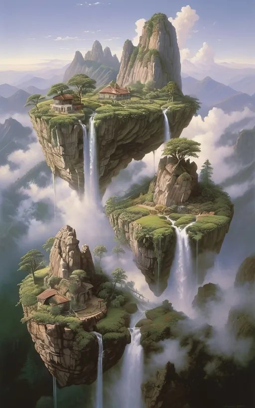 Prompt: in the style of Dalhart Windberg, Jean Baptiste, and Steve Hanks create a highly detailed and photorealistic painting of an otherworldly painting in of photorealistic realism of groups of floating mountains and verdant islands and some flat floating lands connected to each other by vines and tree roots, seemingly torn from a distant mountain range, create a surreal dreamscape that captivates the senses. These colossal formations, each with its own unique contours and character, cluster together in a harmonious dance of shapes and sizes, forming a mesmerizing tapestry against the backdrop of an endless sky. Upon these suspended landmasses, life flourishes in abundance. Trees of unimaginable size and diversity adorn the islands, their roots and vines intertwining in a delicate ballet that weaves through the air, connecting the floating wonders in a labyrinth of greenery. From the lofty peaks to the hidden recesses within the rocks, a myriad of flora and fauna thrives, painting the landscape with a kaleidoscope of colors and textures. As if drawn by an unseen hand, cascading waterfalls emerge from hidden springs nestled within the heart of the mountains, their crystalline streams carving sinuous paths down rugged slopes before dissolving into a fine mist that shrouds the landscape in an otherworldly veil. The air is alive with the soothing melody of rushing water and the gentle rustle of leaves, a symphony that echoes through the expanse, imbuing it with a sense of serene tranquility. Enveloping the floating marvels is a perpetual mist, its ethereal embrace adding an aura of mystery to the scene, obscuring distant vistas in a tantalizing haze. Below the suspended wonders lies a lush expanse of rolling hills and verdant valleys, their contours softened by a carpet of emerald foliage that stretches as far as the eye can see. Rocky bluffs rise majestically from the earth, their weathered faces bearing testament to the passage of time., cinematic, photo, poster