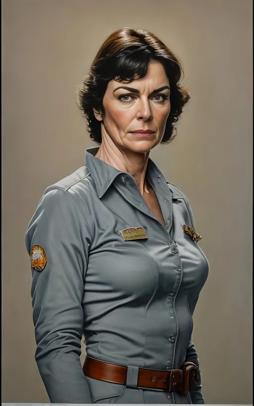 Prompt: create a highly detailed colored pencil drawing standing portrait on grey paper, in the style of Norman Rockwell, Tsutomu Nihei and Steve Hanks. Every detail is meticulously captured, in HDR (High Dynamic Range), UHD (Ultra High Definition), and 1080p. Michelle Forbes portrays Admiral Helena Cain in the drama tv movie "Battlestar Galactica." wearing a leather uniform. use all best practices in art and design to produce what would be recognized as a master work art piece. use accurate perspective and foreshortening. use atmospheric perspective. create expressive faces and use dramatic lighting. fur coat and fur hat. Michelle Forbes portrays Admiral Helena Cain: Pegasus's formidable commander, Cain, exudes steely authority in her perfectly tailored uniform. Her blonde hair, pulled back in a tight bun, and her cold blue eyes leave no room for doubt about her unwavering resolve. Her crisp attire, devoid of any personal touches, reflects her single-minded focus on military efficiency and victory at any cost. She's a force of nature, her presence demanding obedience and respect, even from the seasoned officers of Galactica., cinematic, illustration, poster, portrait photography