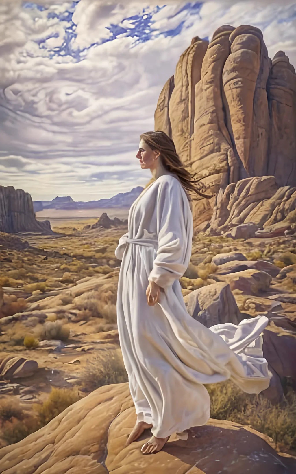 Prompt: create a hyper detailed painting, photo, illustration, UHD, HDR, 128K, colored pencil of a woman in grey robes standing on a boulder in an arid place portrait, ultra detailed, sharp focus, lightly muted color, atmospheric perspective, fade into the background, illustration, in the style of Norman Rockwell, and Steve Cloaked in a weathered leather jacket adorned with patches, an alluring woman wears practical cargo pants and sturdy hiking boots, signifying her connection to the wild. The surroundings showcase an expansive, panoramic view of untouched mountains, dense forests, and a pristine lake, capturing the essence of the wilderness in its raw beauty. Natural sunlight bathes the scene, casting warm and dynamic shadows on the woman's features. The sky is painted with the rich hues of a tranquil sunset, creating a breathtaking palette that mirrors the beauty of the outdoors. Her expression is one of quiet contemplation, a reflection of the peaceful solitude found in the heart of nature. Executed with an exceptional level of detail, the painting captures the intricacies of the woman's windblown hair, the texture of her well-worn jacket, and the nuanced play of light and shadow across the landscape