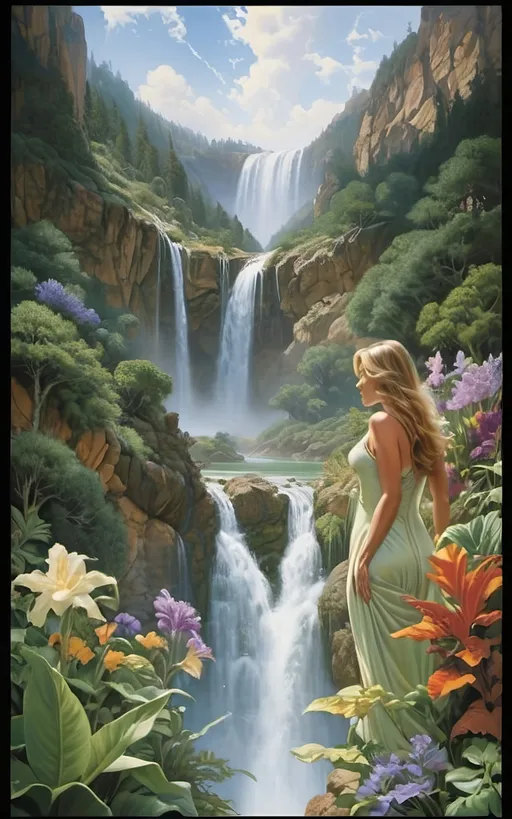 Prompt: in the style of Dalhart Windberg, Jean Baptiste, and Steve Hanks create a highly detailed painting of an otherworldly rainy landscape with green plants and cascading waterfalls. winged women are visible flying around above the water, an awe-inspiring masterpiece revealing a multifaceted tapestry that seamlessly fuses the fantastical and the futuristic. The canvas, an expansive testament to artistic virtuosity, stretches far beyond the viewer's grasp, capturing the infinite wonders of a distant celestial realm. The sky, a captivating celestial dome, pulses with dynamic gradients of color, transitioning from the deepest purples to shimmering iridescent blues, creating an atmospheric kaleidoscope that defies earthly expectations. As the eye delves into the intricacies of this lush alien world, the landscape reveals itself in layers of profound complexity. Atmospheric perspective, a skillful technique employed with precision, imparts a sense of vastness by gently shrouding distant formations in a subtle haze, conjuring an enigmatic allure that beckons exploration. In the foreground, an explosion of vibrant hues unveils an array of alien flora and fauna, each intricately detailed petal and tendril pulsating with an otherworldly energy. The meticulous application of color, reminiscent of the finest brushstrokes, grants life to this vibrant ecosystem, where every shade and tone harmonizes in a mesmerizing dance of color. The orchestration of the golden rectangle theory masterfully guides the arrangement of these vivid elements, weaving a visual symphony that invites the viewer on a journey through the composition. Dramatic lighting, reminiscent of celestial phenomena, bathes the scene in a dynamic radiance. Long shadows stretch across the jagged peaks and valleys, enhancing the three-dimensional quality of the landscape and infusing the environment with a sense of dynamism. The interplay between positive and negative space is an intricate ballet, where empty expanses seamlessly guide the viewer's gaze through the scene.