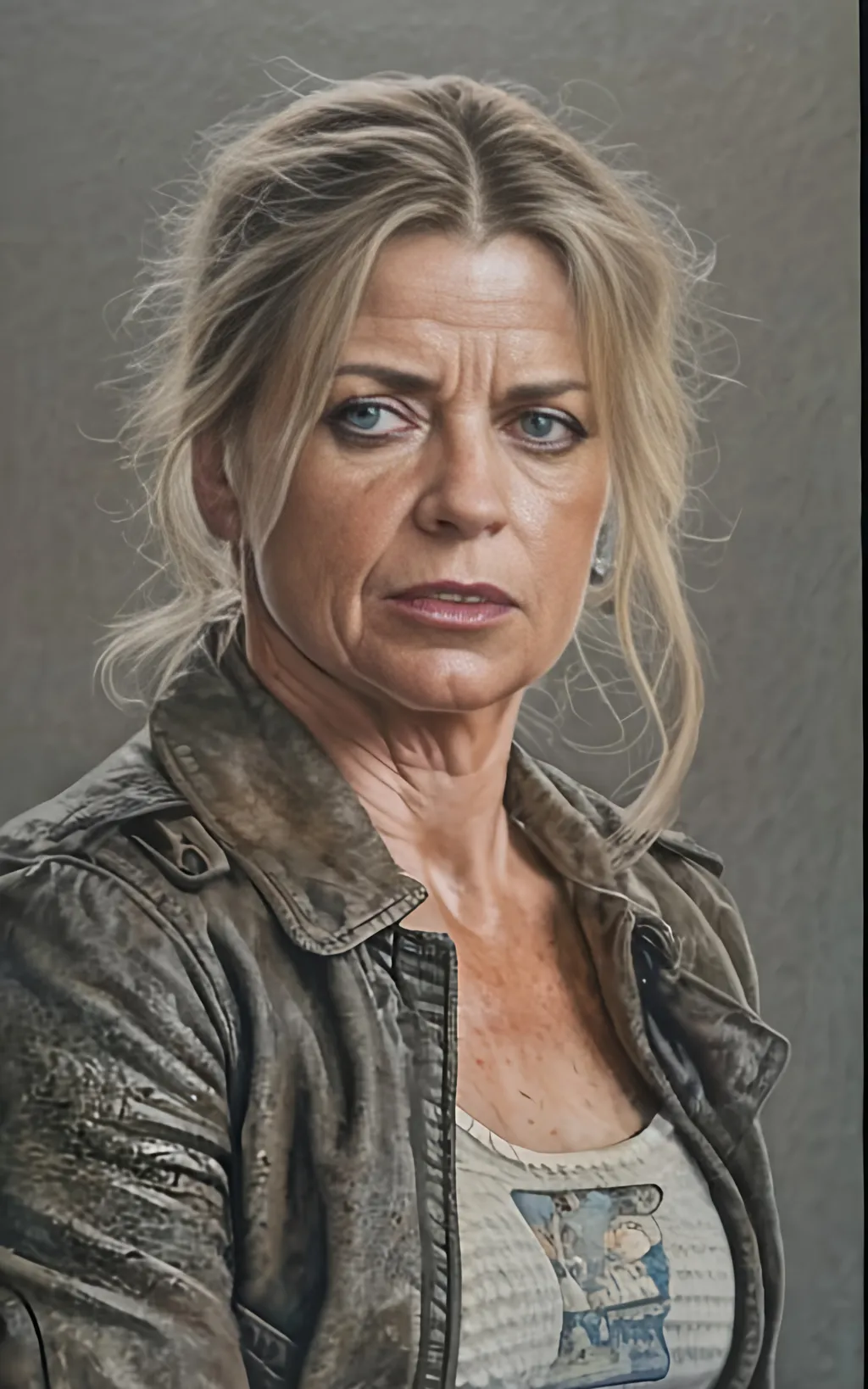 Prompt: create a highly detailed colored pencil drawing  standing portrait on grey paper, in the style of Norman Rockwell, Tsutomu Nihei and Steve Hanks. Every detail is meticulously captured, in HDR (High Dynamic Range), UHD (Ultra High Definition), and 1080p. Linda Hamilton, portraying Sarah Conner in the drama tv movie "Terminator." use costumes from the tv movie.

use all best practices in art and design to produce what would be recognized as a master work art piece. use accurate perspective and foreshortening. use atmospheric perspective. create expressive faces and use dramatic lighting. fur coat and fur hat.


Linda Hamilton, portraying Sarah Conner develops from a timid damsel in distress victim in the first film to a wanted fugitive committing acts of terrorism, a hardened warrior and mother who sacrificed everything for her son's future, on the verge of losing touch with her own humanity, and a mentor preparing and protecting a protégée for her destiny. portray her in her 20s wearing army gear.