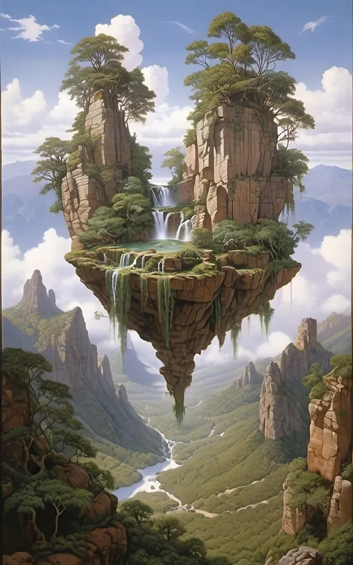 Prompt: in the style of Dalhart Windberg, Jean Baptiste, and Steve Hanks create a highly detailed and photorealistic painting of an otherworldly painting in of photorealistic realism of groups of floating mountains and verdant islands and some flat floating lands connected to each other by vines and tree roots, seemingly torn from a distant mountain range, create a surreal dreamscape that captivates the senses. These colossal formations, each with its own unique contours and character, cluster together in a harmonious dance of shapes and sizes, forming a mesmerizing tapestry against the backdrop of an endless sky. Upon these suspended landmasses, life flourishes in abundance. Trees of unimaginable size and diversity adorn the islands, their roots and vines intertwining in a delicate ballet that weaves through the air, connecting the floating wonders in a labyrinth of greenery. From the lofty peaks to the hidden recesses within the rocks, a myriad of flora and fauna thrives, painting the landscape with a kaleidoscope of colors and textures. As if drawn by an unseen hand, cascading waterfalls emerge from hidden springs nestled within the heart of the mountains, their crystalline streams carving sinuous paths down rugged slopes before dissolving into a fine mist that shrouds the landscape in an otherworldly veil. The air is alive with the soothing melody of rushing water and the gentle rustle of leaves, a symphony that echoes through the expanse, imbuing it with a sense of serene tranquility. Enveloping the floating marvels is a perpetual mist, its ethereal embrace adding an aura of mystery to the scene, obscuring distant vistas in a tantalizing haze. Below the suspended wonders lies a lush expanse of rolling hills and verdant valleys, their contours softened by a carpet of emerald foliage that stretches as far as the eye can see. Rocky bluffs rise majestically from the earth, their weathered faces bearing testament to the passage of time., cinematic, photo, poster