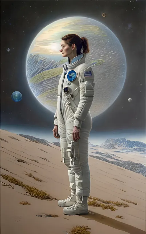 Prompt: create a highly detailed colored pencil drawing standing portrait on grey paper, in the style of Norman Rockwell, Tsutomu Nihei and Steve Hanks of a mesmerizingly ethereal portrait of Janet Montgomery plays Sarah Elliot, wearing a astronaut's jumpsuit, in the tv show "The Space Between Us". She is wearing her wardrobe from the show and she appears the age she was in the show. Every detail is meticulously captured, in HDR (High Dynamic Range), UHD (Ultra High Definition), and 1080p. use sharp contrast and dramatic lighting. use best practices in art and design to create what would be considered an artistic masterwork. 

Janet Montgomery plays Sarah Elliot, Gardner's mother, and her character is central to the emotional core of the series. Sarah's physical appearance is depicted with a mix of warmth and vulnerability, and her wardrobe reflects a balance between casual comfort and maternal elegance. Montgomery's costumes showcase Sarah's connection to both Mars and Earth, providing insight into her emotional journey as a mother separated from her son. As the series progresses, Sarah's costumes evolve to symbolize her resilience and unwavering love for Gardner.

 
 make the best use of positive and negative space. Sharp focus and rich color. leather futuristic uniform. use all best practices in art and design to produce what would be recognized as a master work art piece. use accurate perspective and foreshortening. use atmospheric perspective. create expressive faces and use dramatic lighting.