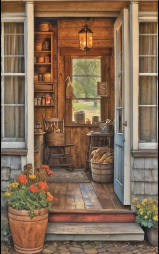 Prompt: create a realistic, hyper detailed, color pencil drawing, hyper detailed, UHD, HDR, 128K, In the heart of a picturesque landscape drawing in the style of Norman Rockwell, Steve Hanks, and Michael James Smith, dramatic natural lighting, façade door and front window with reflection of western dry goods store in 1880 zoomed into window with "Dry Goods" painted on window with reflection; view of the window and door front view portrait of the façade of a dry goods store. The 1880s dry goods store presents a nostalgic glimpse into the past, frozen in a frame of time. The weathered façade of the establishment, constructed from aged wood, bears the marks of countless seasons and stories. As you zoom in, your eyes are drawn to the front window, a portal to the world within. The window, adorned with the bold proclamation "Dry Goods" in a rustic western font, is a canvas that captures the essence of the era. Half of the glass surface is dappled with a glaring reflection, mirroring the surroundings of the bustling street. Buildings, clouds, and the expansive sky blend into a mosaic of distorted imagery, adding an atmospheric touch to the scene. On the unblemished half of the window, the interior of the store comes to life. A curated display of dry goods, neatly arranged on shelves, is visible to those passing by. Bolts of fabric, hats, and various items that cater to the needs of the townsfolk create a visual feast behind the clear glass.