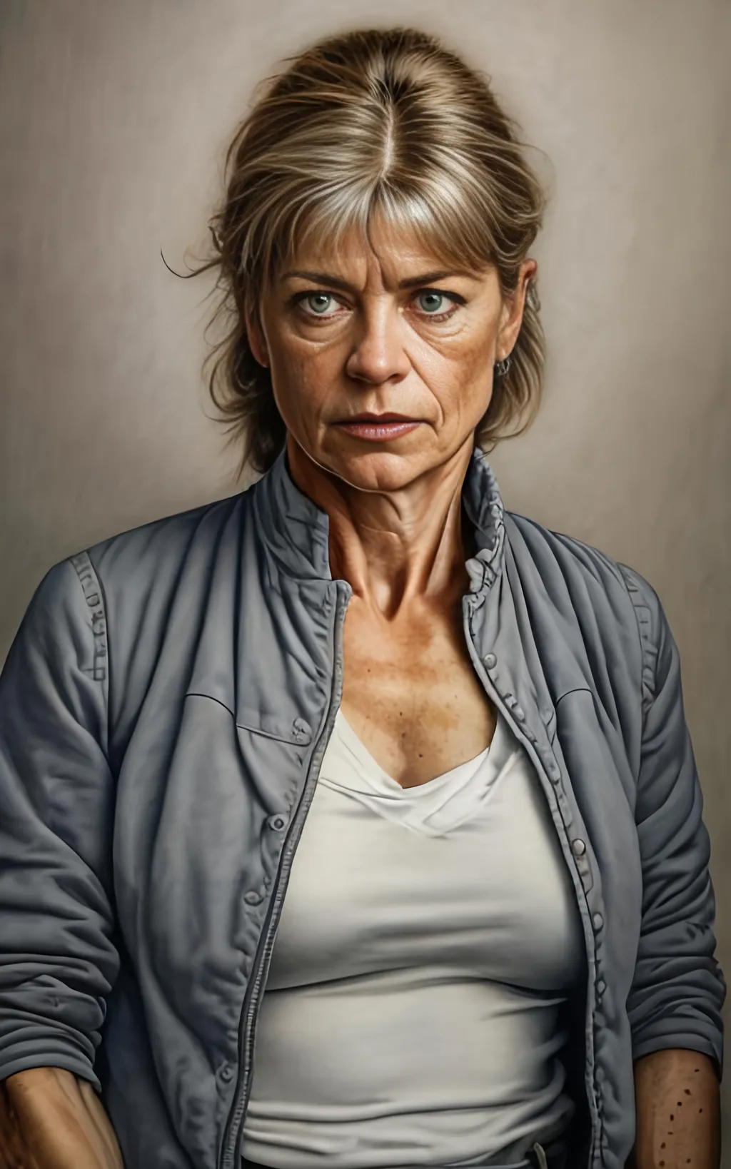 Prompt: create a highly detailed colored pencil drawing  standing portrait on grey paper, in the style of Norman Rockwell, Tsutomu Nihei and Steve Hanks. Every detail is meticulously captured, in HDR (High Dynamic Range), UHD (Ultra High Definition), and 1080p. Linda Hamilton in her 20s, portraying the 20 year old Sarah Conner in the drama tv movie "Terminator." use costumes from the tv movie. T-800 terminator robots.

use all best practices in art and design to produce what would be recognized as a master work art piece. use accurate perspective and foreshortening. use atmospheric perspective. create expressive faces and use dramatic lighting. fur coat and fur hat.


Linda Hamilton aged to her 20s, portraying Sarah Conner develops from a timid damsel in distress victim in the first film to a wanted fugitive committing acts of terrorism, a hardened warrior and mother who sacrificed everything for her son's future, on the verge of losing touch with her own humanity, and a mentor preparing and protecting a protégée for her destiny. portray her in her 20s wearing army gear.