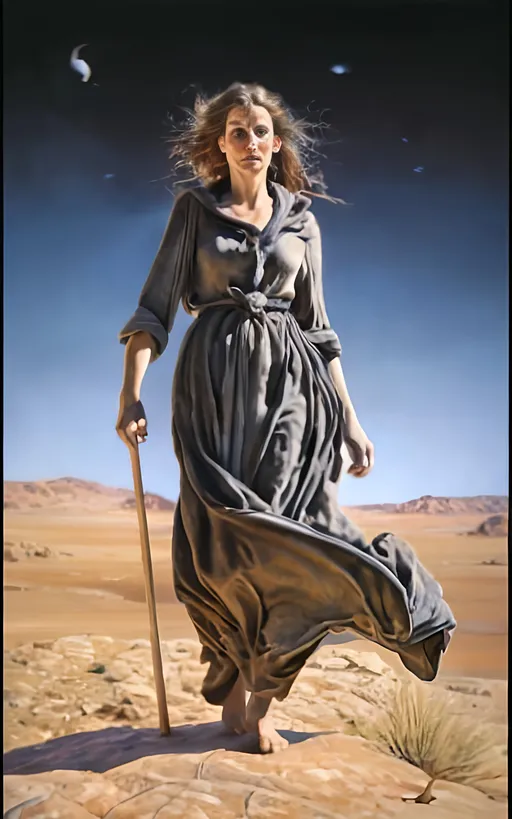 Prompt: create a hyper detailed painting, photo, illustration, UHD, HDR, 128K, colored pencil of a woman in grey robes standing on a boulder in an arid place portrait, ultra detailed, sharp focus, lightly muted color, atmospheric perspective, fade into the background, illustration, in the style of Norman Rockwell, and Steve Cloaked in a weathered leather jacket adorned with patches, an alluring woman wears practical cargo pants and sturdy hiking boots, signifying her connection to the wild. The surroundings showcase an expansive, panoramic view of untouched mountains, dense forests, and a pristine lake, capturing the essence of the wilderness in its raw beauty. Natural sunlight bathes the scene, casting warm and dynamic shadows on the woman's features. The sky is painted with the rich hues of a tranquil sunset, creating a breathtaking palette that mirrors the beauty of the outdoors. Her expression is one of quiet contemplation, a reflection of the peaceful solitude found in the heart of nature. Executed with an exceptional level of detail, the painting captures the intricacies of the woman's windblown hair, the texture of her well-worn jacket, and the nuanced play of light and shadow across the landscape
