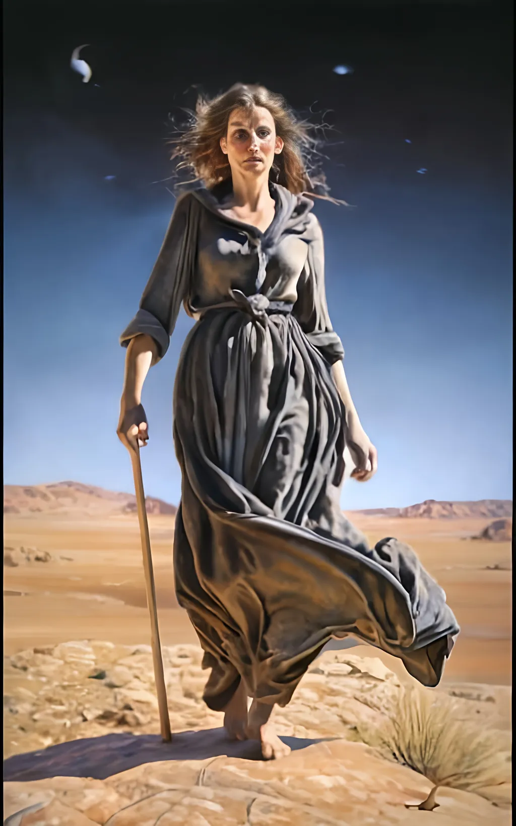 Prompt: create a hyper detailed painting, photo, illustration, UHD, HDR, 128K, colored pencil of a woman in grey robes standing on a boulder in an arid place portrait, ultra detailed, sharp focus, lightly muted color, atmospheric perspective, fade into the background, illustration, in the style of Norman Rockwell, and Steve Cloaked in a weathered leather jacket adorned with patches, an alluring woman wears practical cargo pants and sturdy hiking boots, signifying her connection to the wild. The surroundings showcase an expansive, panoramic view of untouched mountains, dense forests, and a pristine lake, capturing the essence of the wilderness in its raw beauty. Natural sunlight bathes the scene, casting warm and dynamic shadows on the woman's features. The sky is painted with the rich hues of a tranquil sunset, creating a breathtaking palette that mirrors the beauty of the outdoors. Her expression is one of quiet contemplation, a reflection of the peaceful solitude found in the heart of nature. Executed with an exceptional level of detail, the painting captures the intricacies of the woman's windblown hair, the texture of her well-worn jacket, and the nuanced play of light and shadow across the landscape