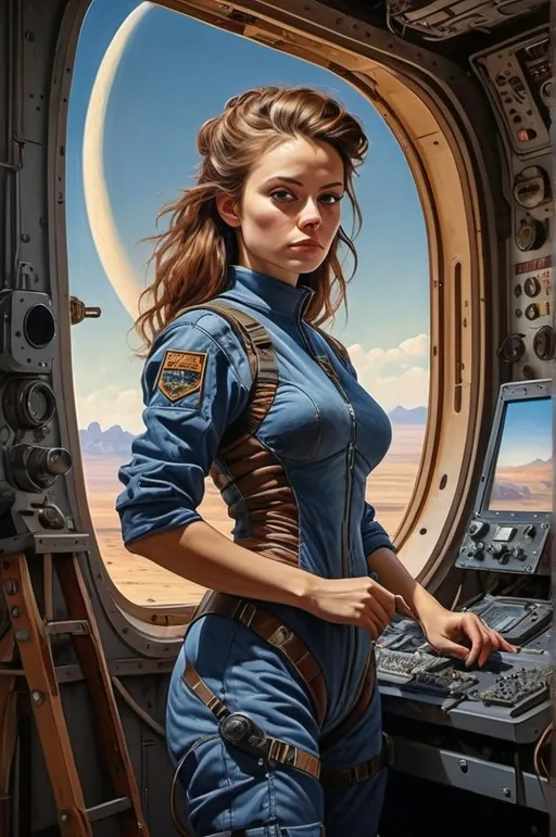 Prompt: Create a realistic, painting, and meticulously detailed, dramatic, realistic, hyperrealist, sfumato, vibrant, painterly painting of a woman in a biomechanical exosuit repairing a spacecraft in a cluttered hangar on an alien planet, with an alien skyline and twin moons visible through an open hangar door under an indigo sky.

OUTPUT2:
Create a realistic, impressionistic painting, and meticulously detailed, dramatic, realistic, sfumato, vibrant, painterly painting with sharp detail in the foreground, the artist expertly blends the styles of Norman Rockwell, Gustave Courbet, Steve Hanks, Moebius, Julie Bell, William Hagerman, Andrew Wyeth, Jen Christiansen, Popular Mechanics, and Frank Frazetta. Use Albert Bierstadt lighting and shadows. Use realistic and accurate scale, proportion, perspective, and foreshortening. The protagonist is the focal point of the image. The tonal range of the image is subdued, with a predominance of earthy, muted hues.  The lines, curves, and gradients create a harmonious, organic composition. There is a translucent outer glow around the protagonist. Mute the background and use atmospheric perspective for depth. Make sure the image is not busy or crowded.  Mute the background colors. Use strong natural lighting from one side and use a weak cool reflected light on the opposite side. Convert any protagonist into a contemporary style. Ensure the anatomy of the protagonist is accurate and to scale and the foreshortening and perspective is correct. The image should be lifelike and realistic. The folds of the fabric should look natural. Use atmospheric perspective, dramatic lighting, reflected light, cool colors in the shadows, and warm colors in the light. Use strong dramatic natural lighting from one side, cool colors in the background, and warm colors in the foreground. Use accurate anatomy, proportions, perspective, and foreshortening. Use Color Harmony and a Mother Color.