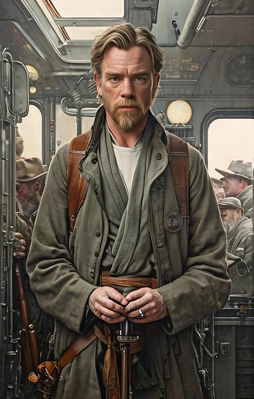 Prompt: create a highly detailed colored pencil drawing on grey paper, in the style of Norman Rockwell, Tsutomu Nihei and Steve Hanks. Every detail is meticulously captured, in HDR (High Dynamic Range), UHD (Ultra High Definition), and 1080p.   Ewan McGregor takes on the iconic role of Obi-Wan Kenobi  in the drama tv series "Obi-Wan Kenobi." use costumes from the movie.

use all best practices in art and design to produce what would be recognized as a master work art piece. use accurate perspective and foreshortening. use atmospheric perspective. create expressive faces and use dramatic lighting. fur coat and fur hat.


Ewan McGregor takes on the iconic role of Obi-Wan Kenobi in the TV series, portraying a Jedi Master who survived Order 66 and now lives in exile on the desert planet Tatooine under the alias "Ben." McGregor is enthusiastic about embodying a version of the character closer to Alec Guinness's portrayal in the original Star Wars trilogy. In the series, Kenobi is depicted as broken and faithless, grappling with guilt over leaving his apprentice Anakin for dead on Mustafar. His wardrobe reflects a worn and weathered appearance, mirroring the character's state of mind. Executive producer Michelle Rejwan describes Kenobi as going through a traumatic moment, and head writer Joby Harold aims to bridge the emotional version of Kenobi from the prequels to Alec Guinness's wise "zen master" in A New Hope.
