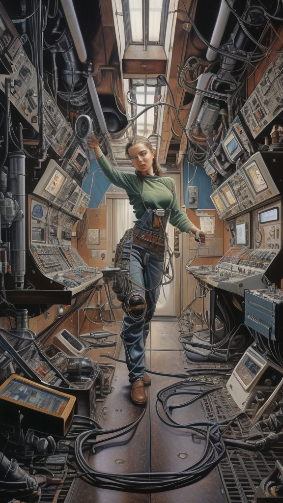 Prompt: In this awe-inspiring, meticulously detailed hyperrealist painting by Tomelee, the artist masterfully blends the styles of Norman Rockwell, Gustave Courbet, Steve Hanks, Moebius, Boris Vallejo, Jen Christiansen, N.C. Wyeth, and Frank Frazetta. The painting depicts a powerful female technician, seamlessly fusing human form and futuristic technology, within the confined spaces of an industrial space station control room. The cramped workshop is filled with tangled machinery, glowing screens, cables snaking across the floor, and numerous control panels. The room is illuminated by a blinding overhead light, casting sharp highlights and long shadows that emphasize the gritty, worn nature of the space and its occupant. The woman stands at the heart of the scene, her form commanding and powerful. Clad in