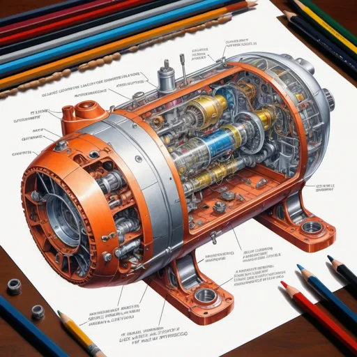 Prompt: create a realistic, hyper detailed, crisp focus, sharp focus, UHD, HDR, 128K, a hyper realistic, vibrant color technical illustration cutaway color pencil style drawing of small submersible assembly parts exploded view disassembly, hyper detailed drawing, in the style of Norman Rockwell, Caravaggio, Steve Hanks, and Michael James Smith, using atmospheric perspective, with dramatic lighting, drawing of 
 . The drawing is predominantly adorned with rich vibrant colors, with a striking accent color, BD8B0E, adding an electrifying touch, 


a technical illustration cutaway drawing of a small submersible assembly parts exploded view disassembly