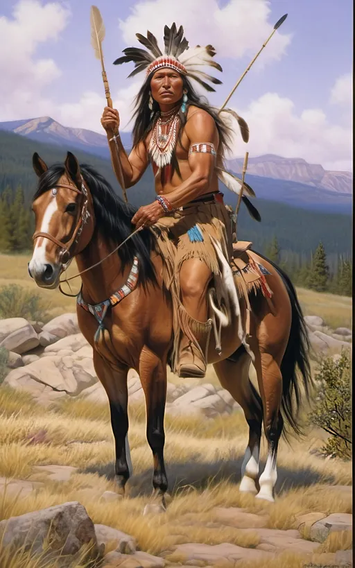 Prompt: create a realistic, hyper detailed, color pencil drawing, hyper detailed, UHD, HDR, 128K, In the heart of a picturesque landscape drawing in the style of Norman Rockwell, Steve Hanks, and Michael James Smith, dramatic natural lighting, portrait of a The Sioux Indian on a galloping horse counting coup is a traditional Native American ceremonial hunt that holds cultural significance among the Sioux people. In this dance, participants often wear elaborate traditional regalia, adorned with feathers, beads, and other symbolic elements.

Imagine a Sioux Indian dog dancer on a galloping horse, dressed in vibrant and meticulously crafted attire, consisting of fringed clothing, a headdress adorned with feathers, and intricate beadwork reflecting the cultural heritage of the Sioux tribe. The dancer moves with purpose and grace, embodying the spirit of the dog dance.