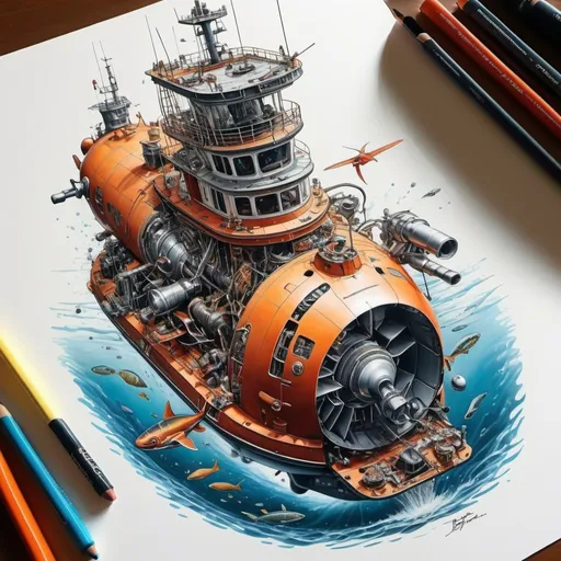 Prompt: create a realistic, hyper detailed, crisp focus, sharp focus, UHD, HDR, 128K, a hyper realistic, vibrant color color pencil technical illustration cutaway drawing, on white paper, of small submersible disassembly parts exploded view disassembly, hyper detailed drawing, in the style of Norman Rockwell, Caravaggio, Steve Hanks, and Michael James Smith, using atmospheric perspective, with dramatic lighting, drawing of 
 . The drawing is predominantly adorned with rich vibrant colors, with a striking accent color, BD8B0E, adding an electrifying touch, 


a technical illustration cutaway drawing of a small submersible disassembly parts exploded view disassembly