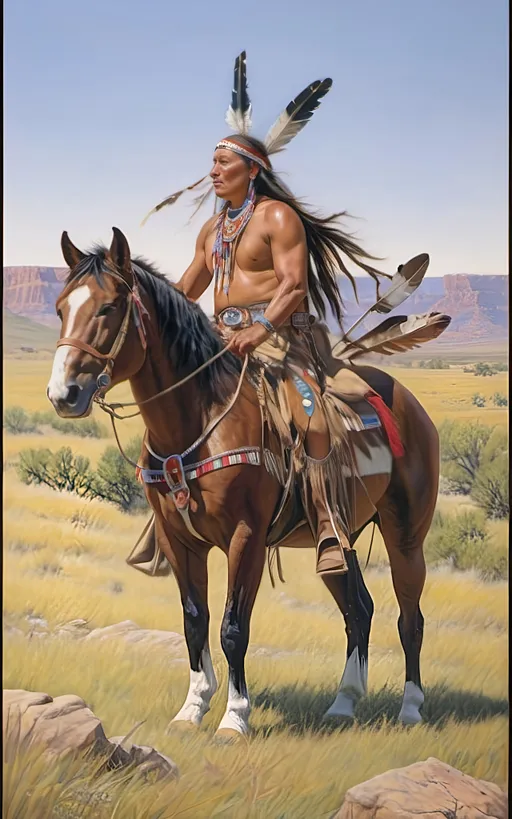 Prompt: create a realistic, hyper detailed, color pencil drawing, hyper detailed, UHD, HDR, 128K, In the heart of a picturesque landscape drawing in the style of Norman Rockwell, Steve Hanks, and Michael James Smith, dramatic natural lighting, portrait of a The Sioux Indian on a galloping horse counting coup is a traditional Native American ceremonial hunt that holds cultural significance among the Sioux people. In this dance, participants often wear elaborate traditional regalia, adorned with feathers, beads, and other symbolic elements.

Imagine a Sioux Indian dog dancer on a galloping horse, dressed in vibrant and meticulously crafted attire, consisting of fringed clothing, a headdress adorned with feathers, and intricate beadwork reflecting the cultural heritage of the Sioux tribe. The dancer moves with purpose and grace, embodying the spirit of the dog dance.